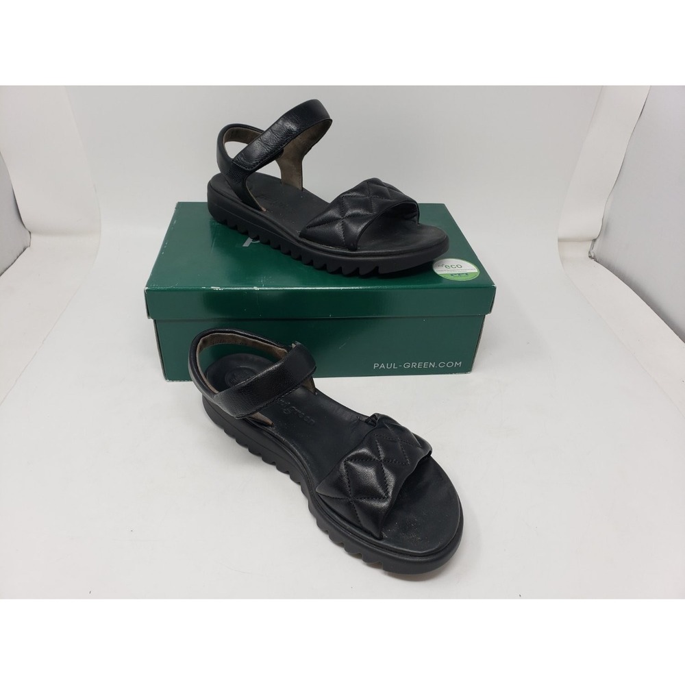 Paul Green Sandals Womens 7.5 Black Leather Quilted Platform Strap 7906-04x